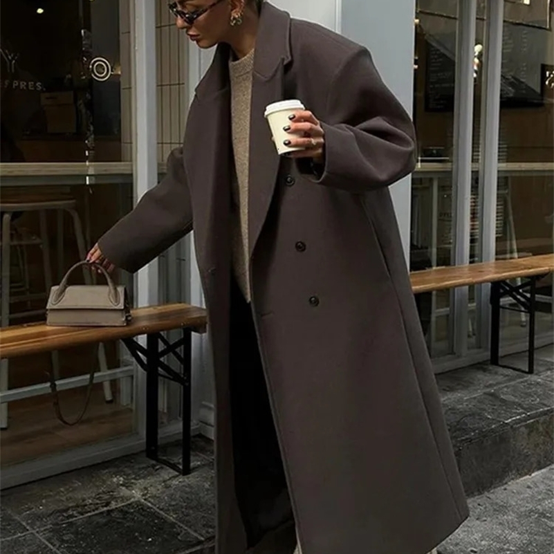 Fashion Womens Faux Wool Long Coat Vintage Lapel Long Sleeve Double Breasted Female Coat Autumn Winter Loose Lady Overcoat 250818