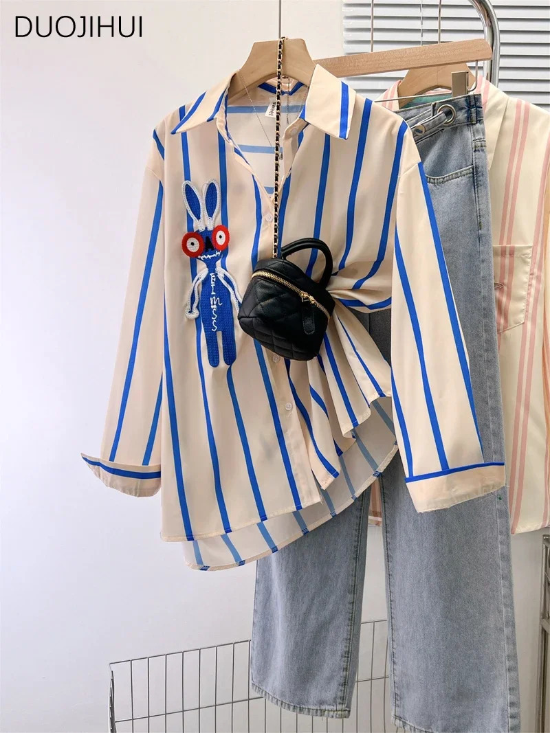 DUOJIHUI Classic Striped Loose Spring Simple Women Shirt Basic Long Sleeve Fashion Casual Contrast Color SXL Female Shirts 250813