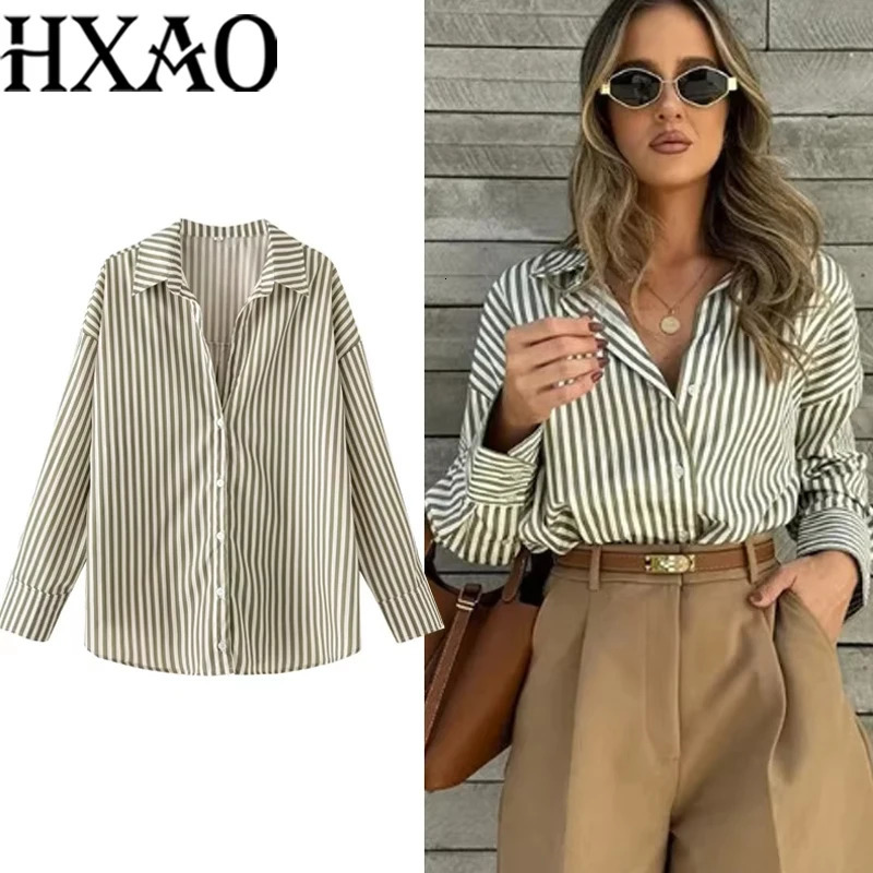 HXAO 2025 Shirts Blouses Long Striped Shirt Women Sleeve Casual Large Tops Summer Plain Button Up 088 250813