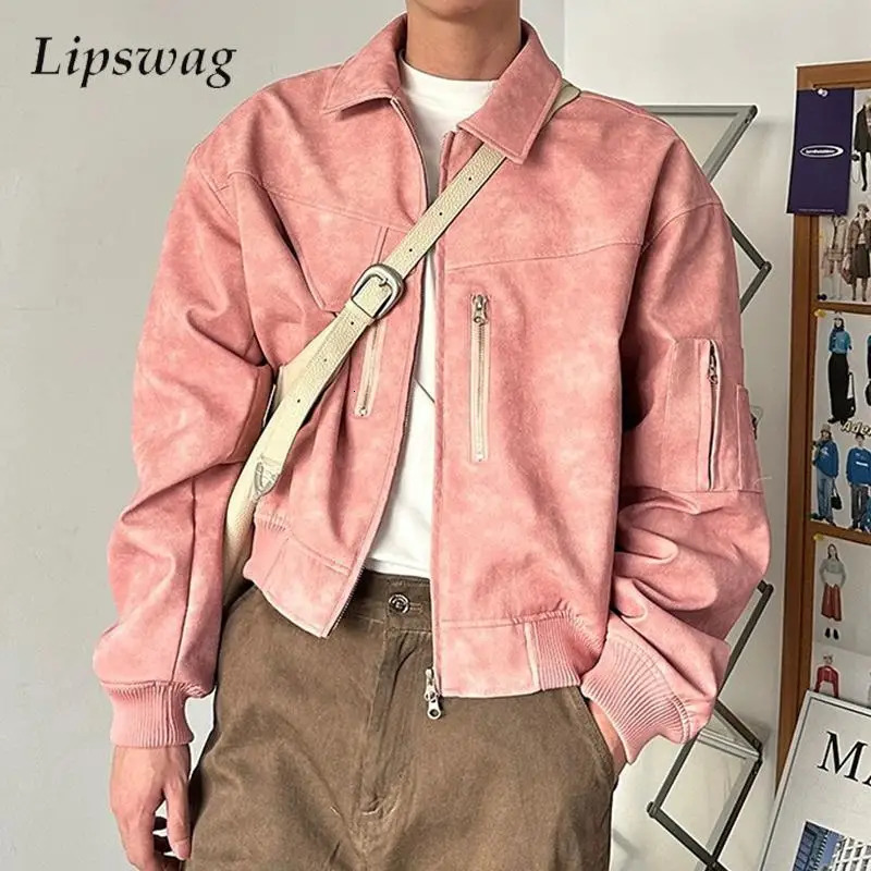 Vintage Lapel Mens Crop Coats Streetwear Unisex Slim Fit Solid Color Outerwear Y2K Mens Long Sleeve Zipper Pockets Short Jacket 250815