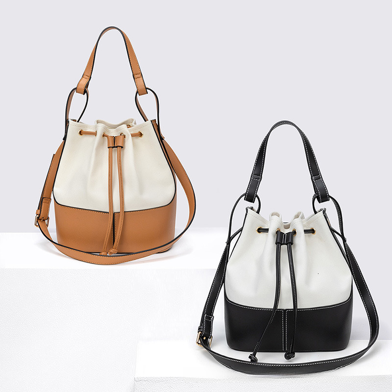 Luxury Leather Women's Bucket Bag Free Shipping Designer New Spliced Canvas Drawstring Handbag Fashion Single Shoulder Crossbody Bag Casual Sho