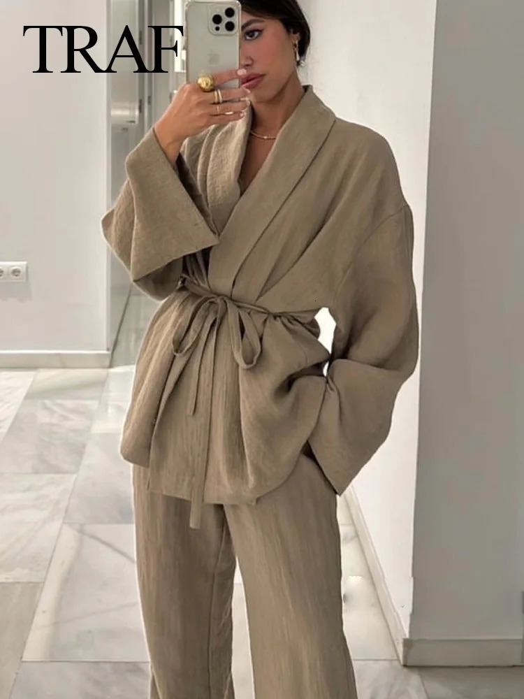 TRAFZA Fashion Womens Pants Suit Solid Khaki Drawstring Long Sleeve Cardgian Blouse Elastic Waist Wide Leg Pants Streetwear 250818