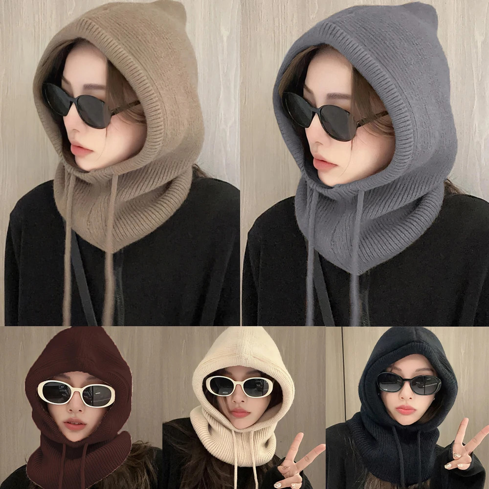 Balaclava Hats Women Knitted Hooded Caps Winter Korean Style Outdoor Warmer Drawstring Hats One-piece Neck Collar Beanies Cap 250818