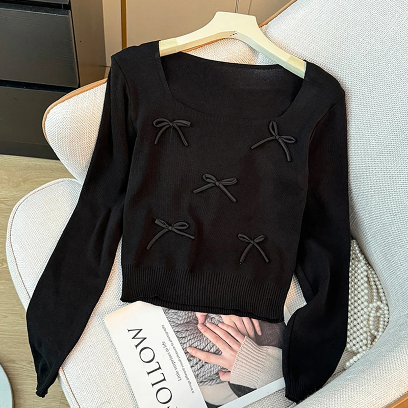 Women Bow Cute Knitted Crop Tops Long Sleeve Square Collar Slim Black Pullover Sweater Female Autumn And Winter 250818