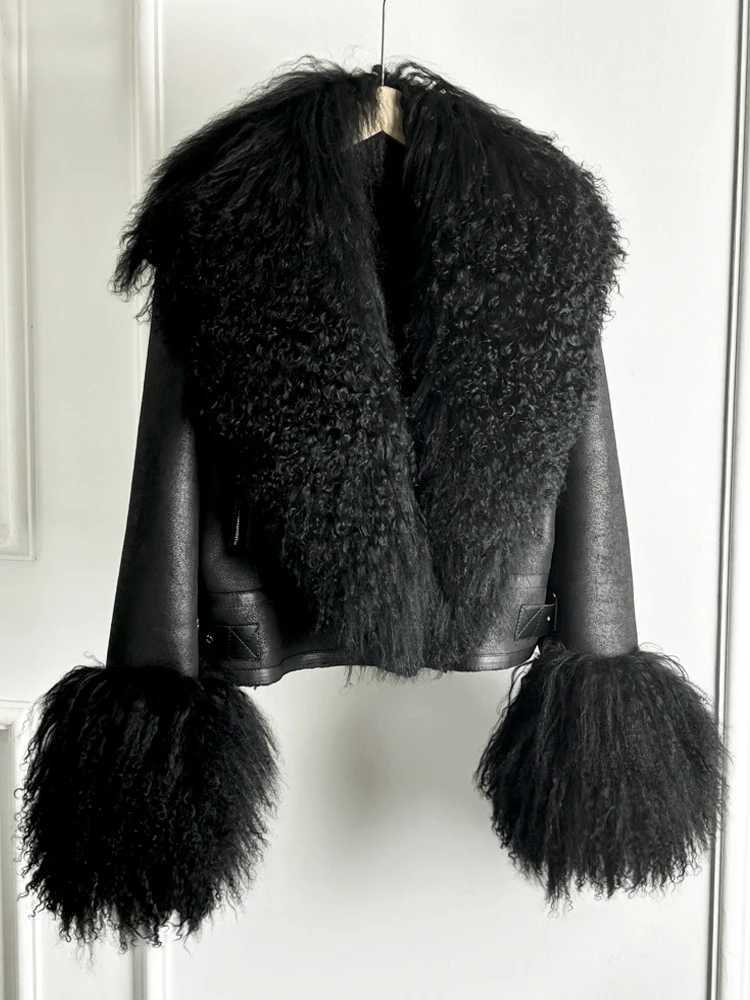 Janveny Luxury Natural Mongolian Sheep Fur Coat Women Winter Short Faux Leather Jacket Female Moto Biker Thick Outwear J250815