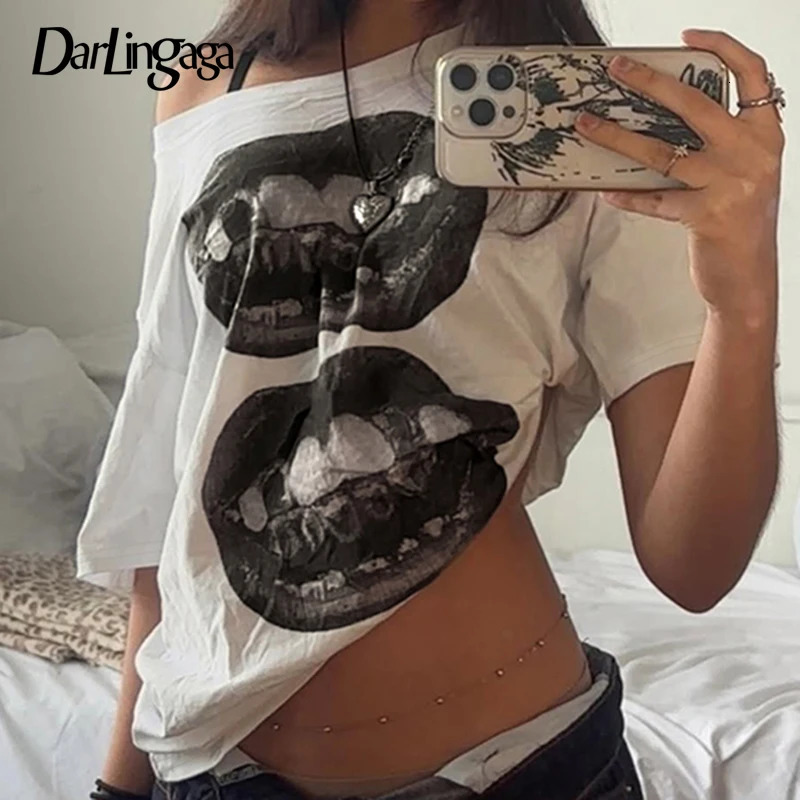 Darlingaga Streetwear Hip Hop Style Chic Lip Printed T-shirts Women Loose Skew Neck Short Sleeve Tops Summer Fashion Clothes 250819
