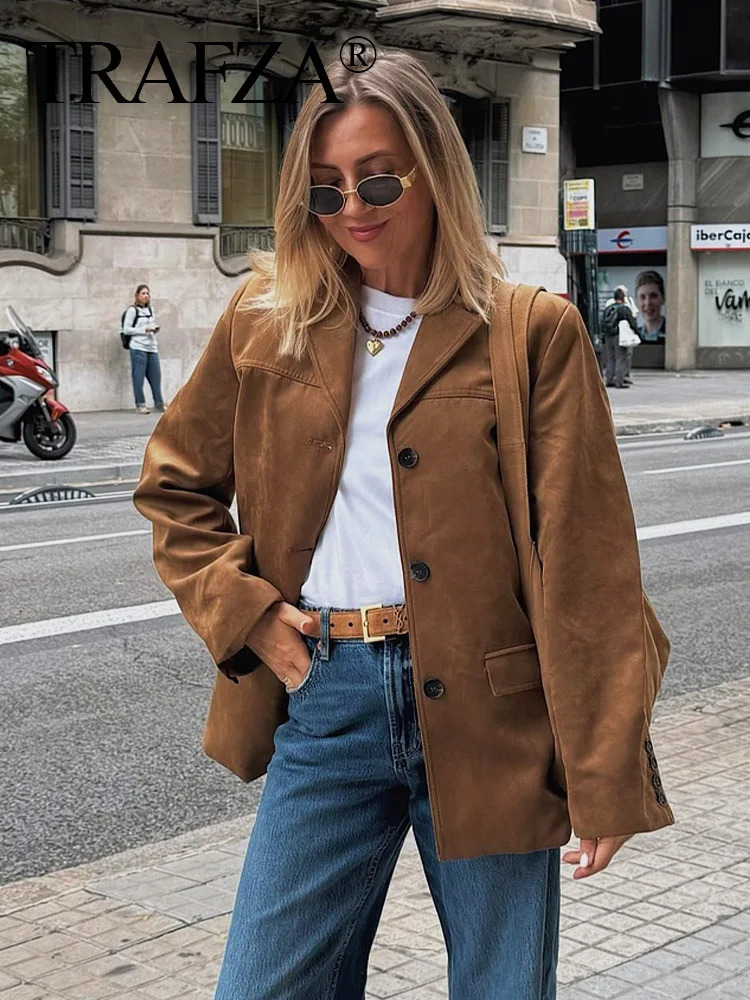 TRAFZA Autumn Women Vintage Faux Suede Blazer Coat Fashion Lapel Single Breasted Long Sleeve Jacket Casual Office Lady Outerwear 250818