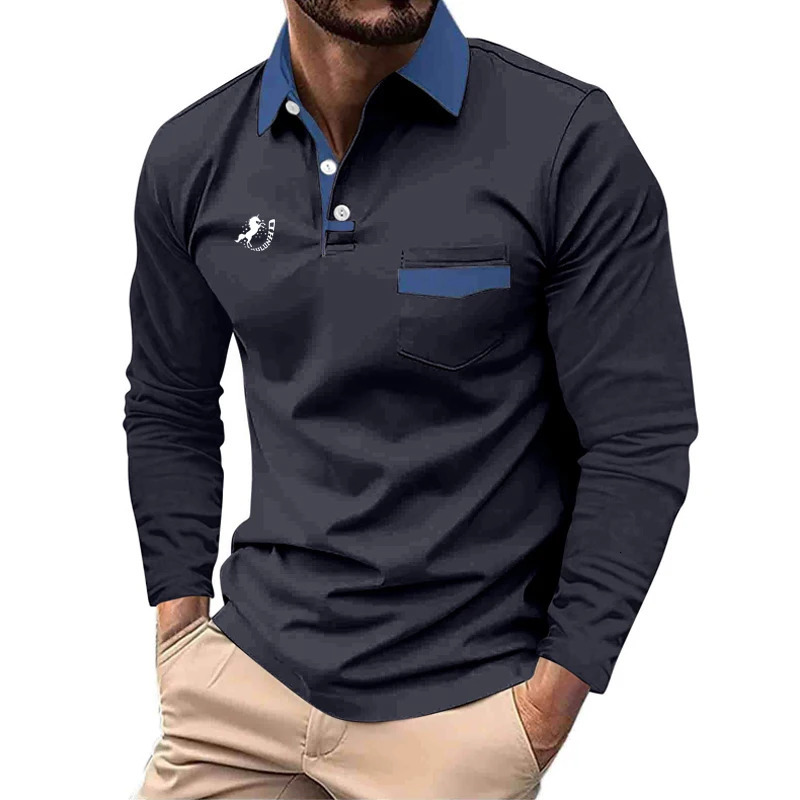 Men Clothes Spring Autumn Long Sleeve Sport Lapel Polo Shirt Men Business Casual Big Pocket Stitching Print Polyester Tops250819