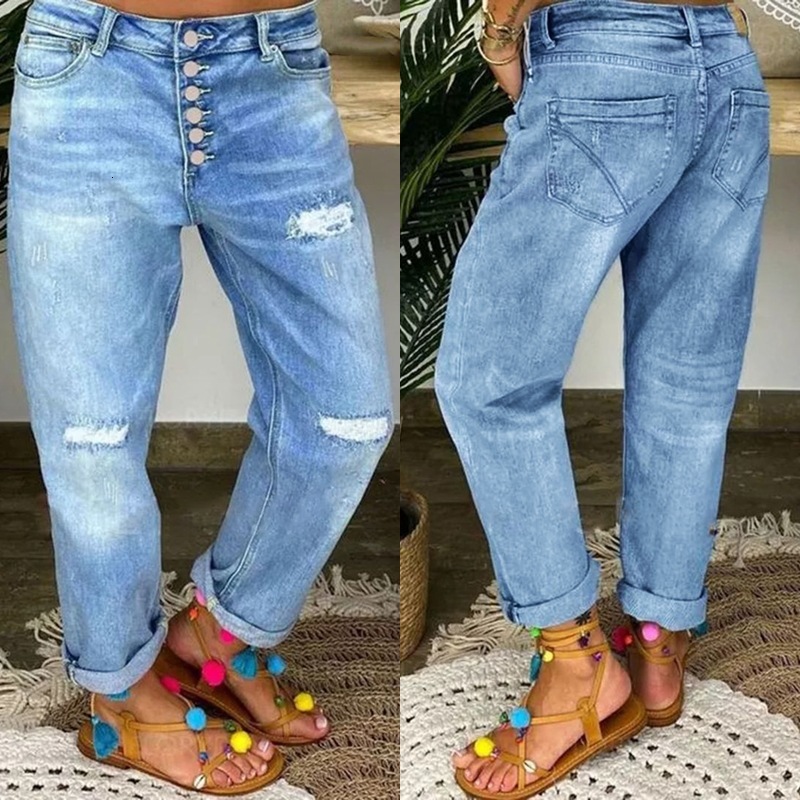 Déscripteur de livraison gratuite 2025 Nouveau jean à rayures bleues pour femmes, pantalon décontracté à jambe droite lâche en stock