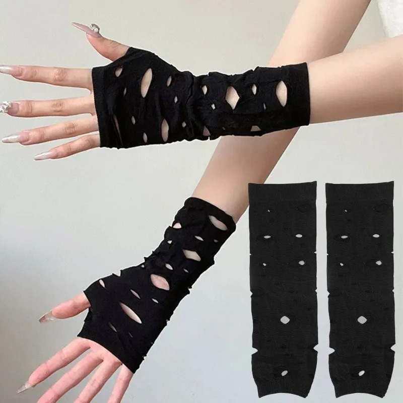Gothic Broken Fingerless Gloves Black Punk Style for Women Men Halloween Party Cosplay Fashionable Unisex Thin 250811