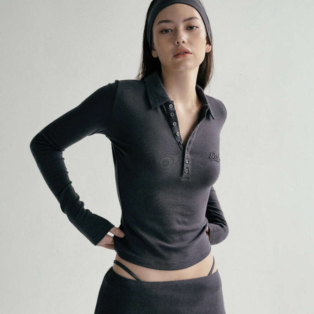 Charcoal Gray Long Sleeve Base Shirt For Women American Style Embroidered Polo Collar Slim Fit Top Autumn B5