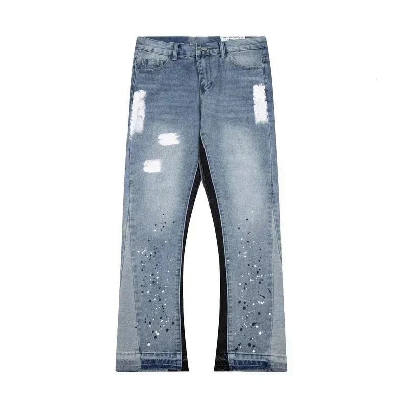2024 High Street Splashed Ink Ripped Patchwork Jeans for Men and Women Trendy American Straight Slim Micro-flared Trousers250819