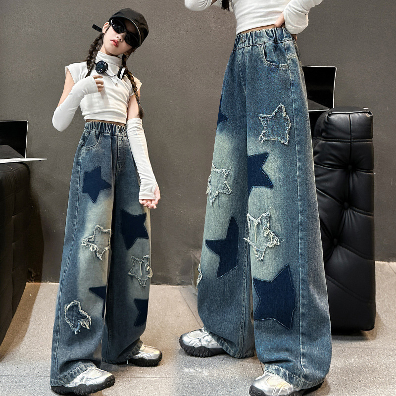Free Shipping Designer Women's Pentagram Jeans Spring And Autumn New Embroidered Patch Design Straight Tube Loose Street Style Wide Leg Pants F