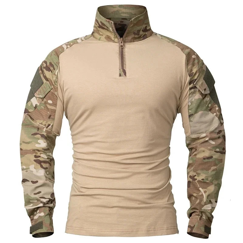Chemises tactiques à manches longues extérieures chemises de combat 1/4 fermeture à glissière Ripstop coton usiste camo AirSoft t-shirts hommes v