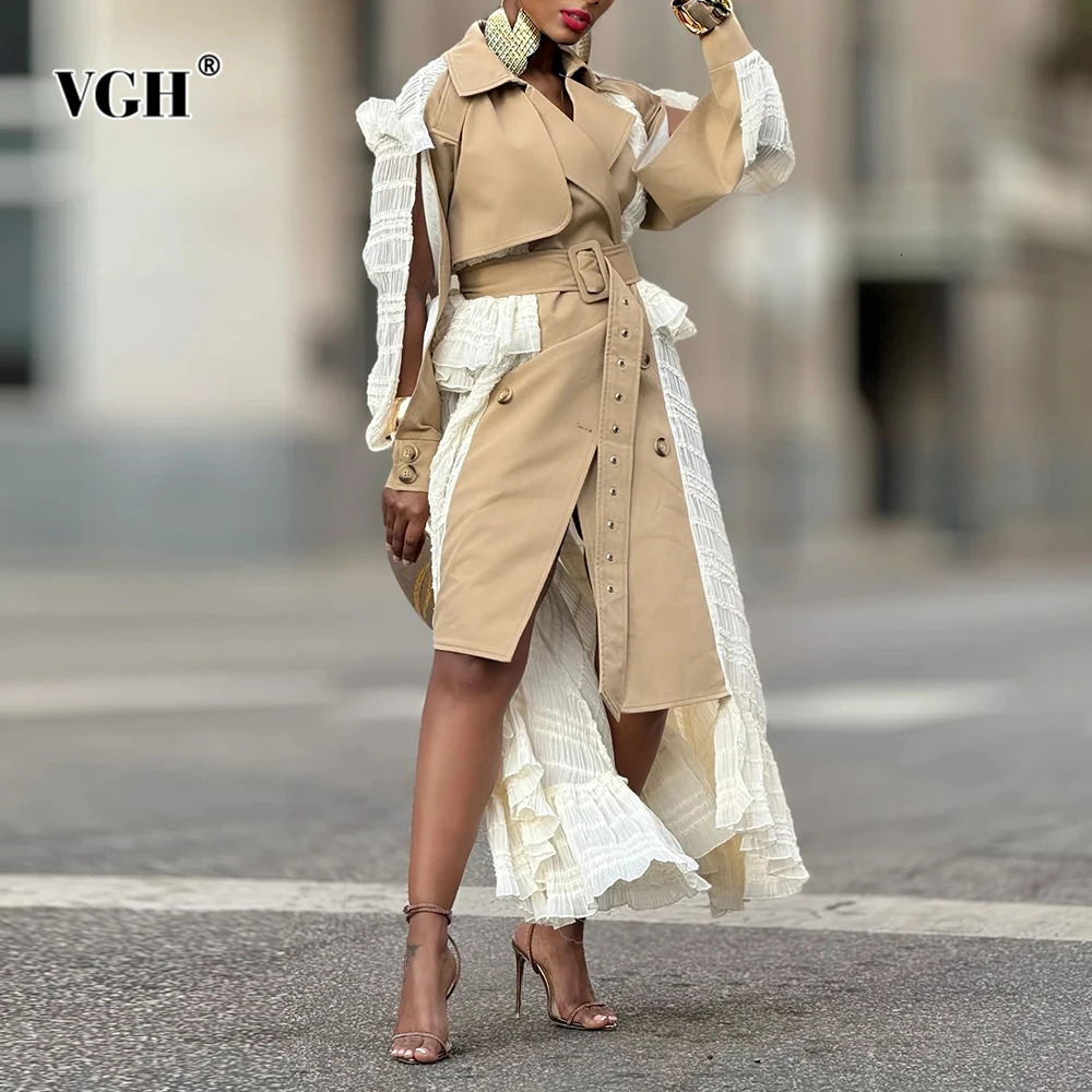 VGH Hit Couleur Couleur de style midi irrégulier pour femmes Abèle à manches longues Patchwork Sashes Slinmming Elegant Trench Femme 250818