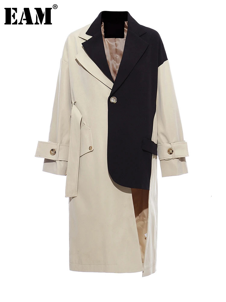 EAM Women Khaki Big Size Asymmetrical Trench Lapel Long Sleeve Loose Fit Windbreaker Fashion Spring Autumn 2025 1K912 250818