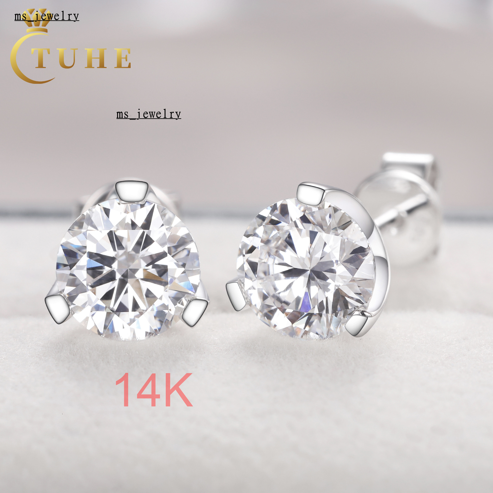 Fine Jewelry Wedding Gift 3 Prong 1ct 2ct VVS Lab Grown Diamond Real Solid 14K White Gold Stud Earring With GRM Certificate