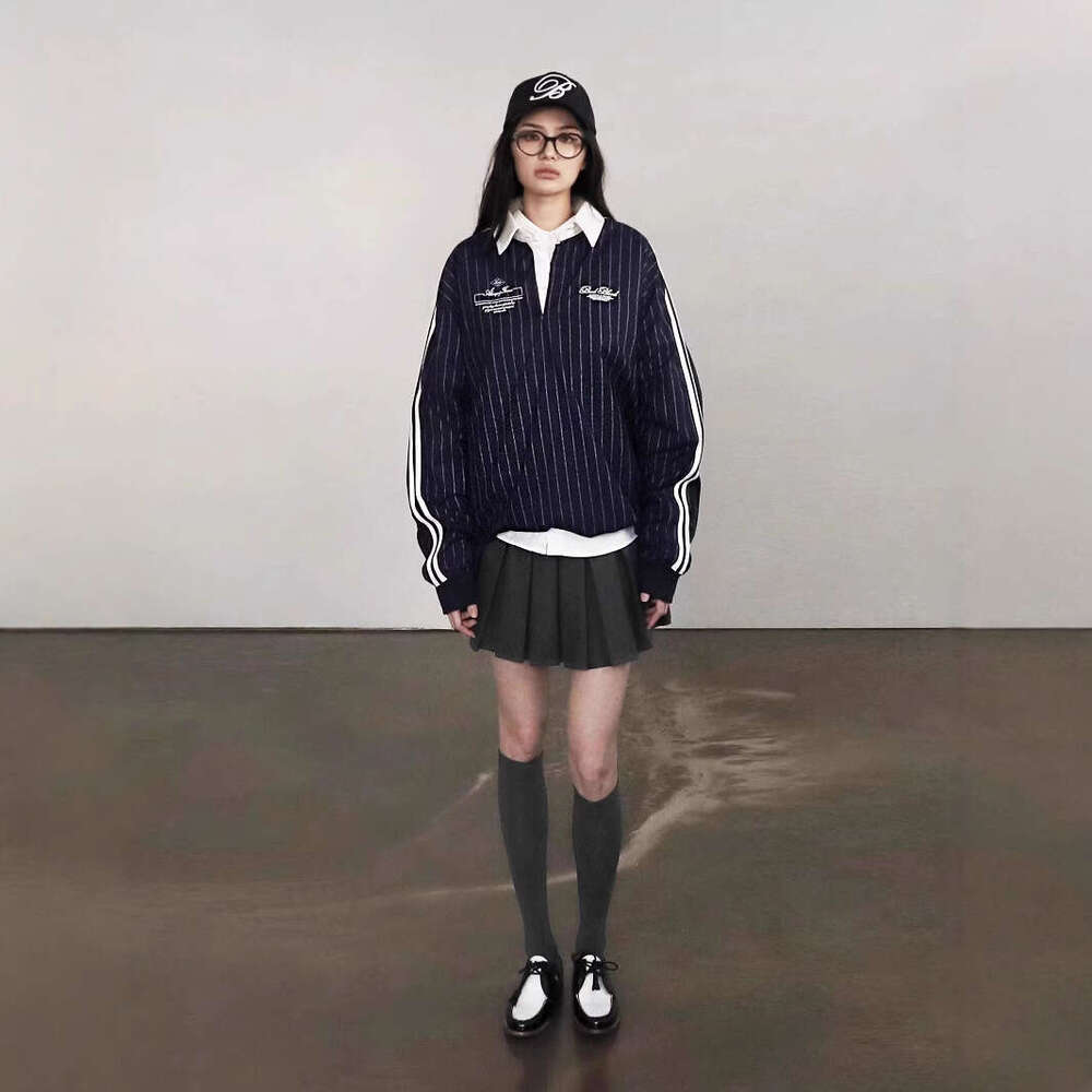 Spring New Rugby Sweatshirt Loose Striped Polo Collar College Style Couple's Top B5