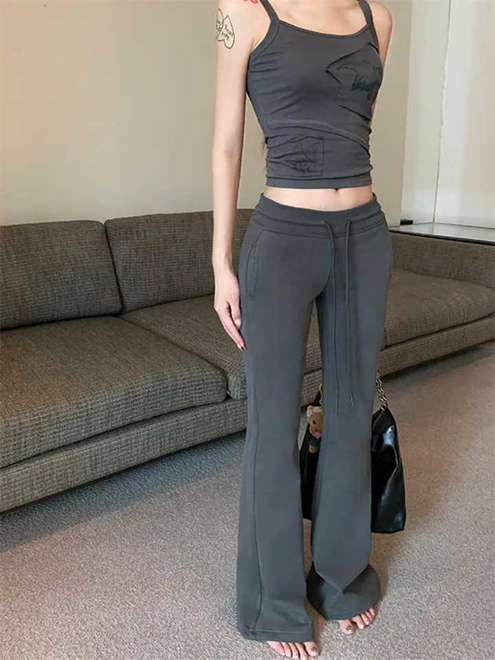 Autumn Winter Sweatpants Low-waisted Trousers Black Grey Drawstring Flare Pants Streetwear High Quality Women Long Pants 250819