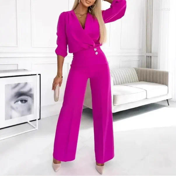 Women's Two Piece Pants Women Sets Pant Set V Neck Full Sleeve Tops Wide Leg Long High Waist Streetwear Elegant Splice Work