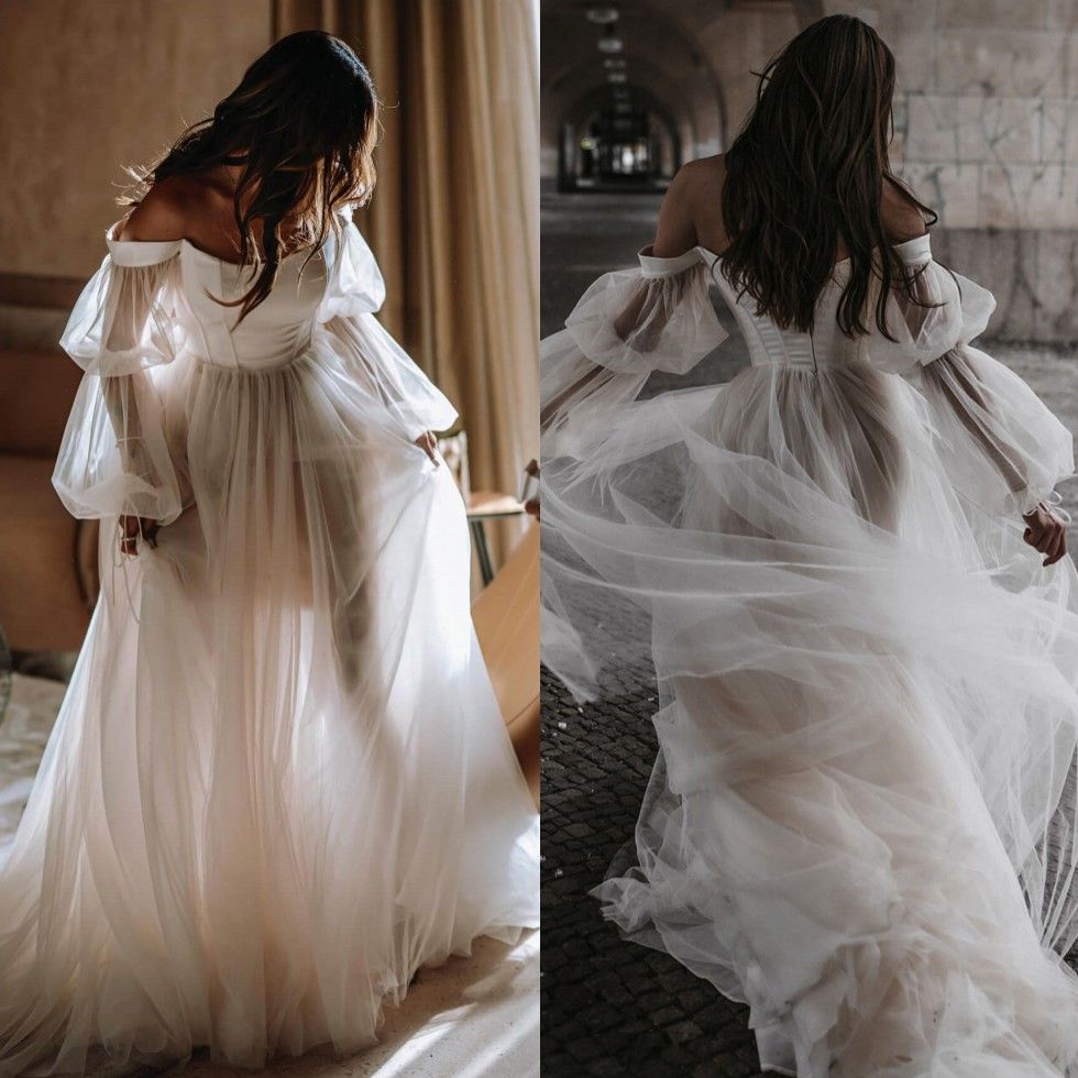 Fabulous Long Sleeves Wedding Dresses Off The Shoulder Bridal Gowns A Line Pleated Sweep Train Tulle Vestido De Novia