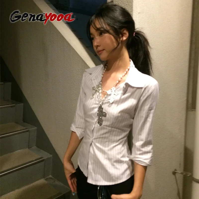 Genayooa Style Co dans les chemises décontractées de style coréen trois quarts de chemises rayées 2000 Japonais Y2K Vintage Tops Slim Retro Summe