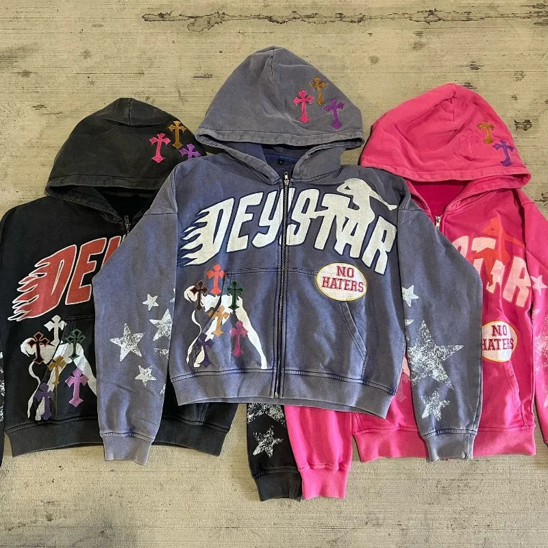 Womens Letter Geometric Cross Print Cardigan Zipper Hoodie Hip-Hop Sweatshirt Casual Versatile Gothic Sexy Y2K 250818