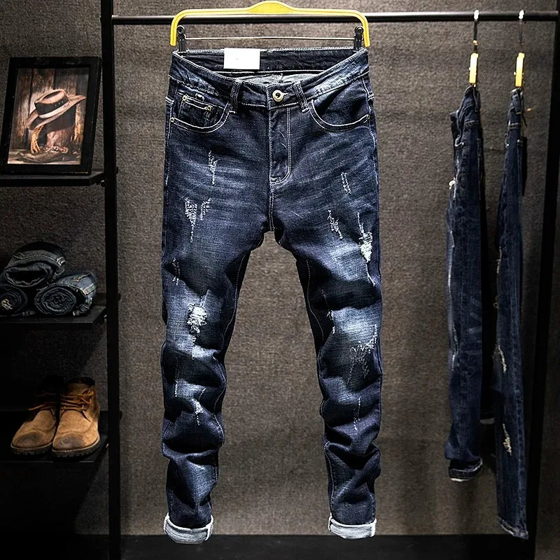 American Elastic Straight Jeans Men Ripped Worn-out Slim-fit Cotton Denim Pants Korean Style Fashion Blue Black Mens Clothing250819