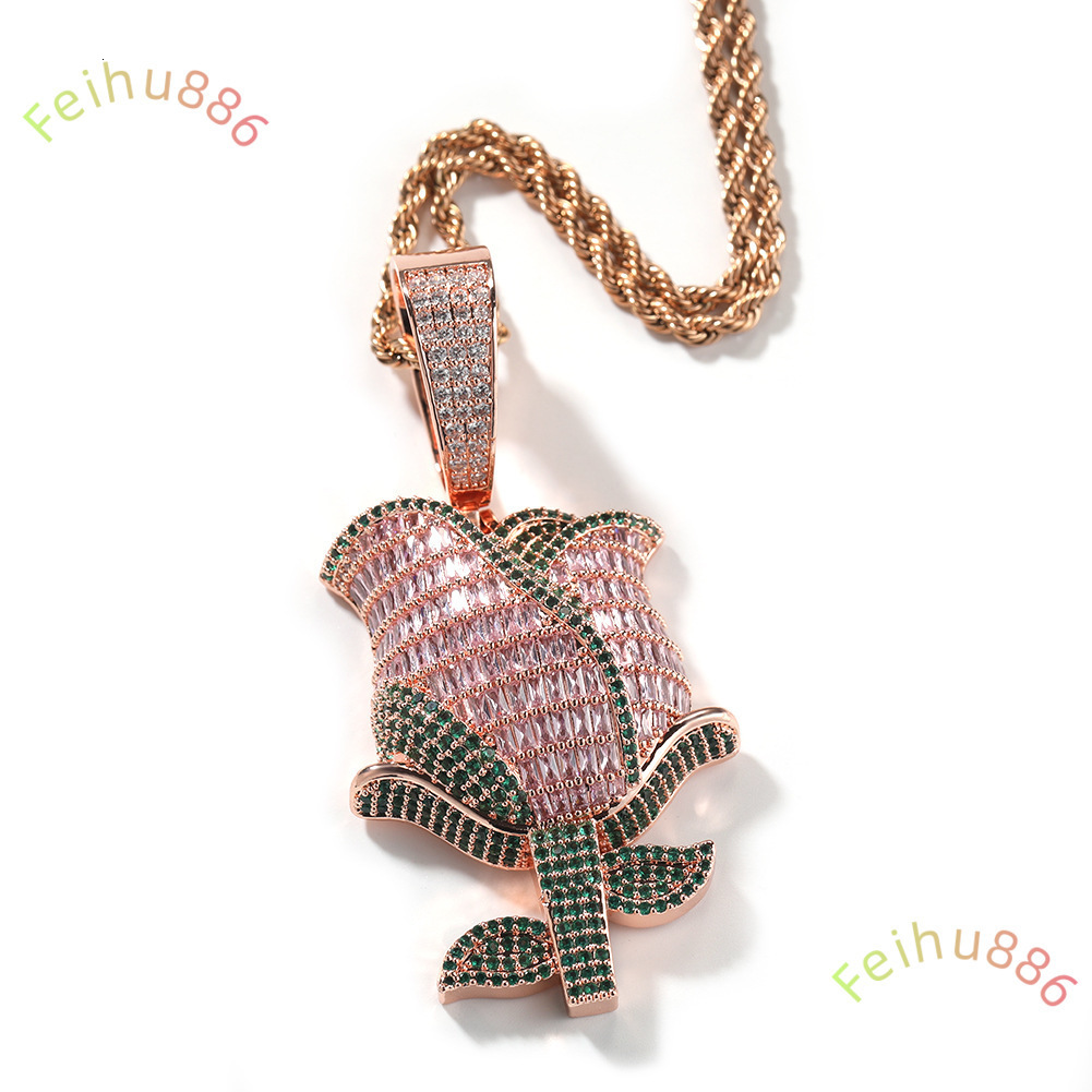 Mens High Quality Silver Necklace Baguette Diamond Rose Flower Charm New Arrival Gold Pink HipHop Style Rope Chain Moissanite Gift