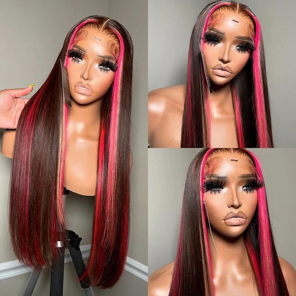 Highlight Pink and Blonde 180 Density Straight Human Hair Wig HD Transparent Brazilian Hair Lace Front Wigs Brown Highlight Wig Wear And Go Synth