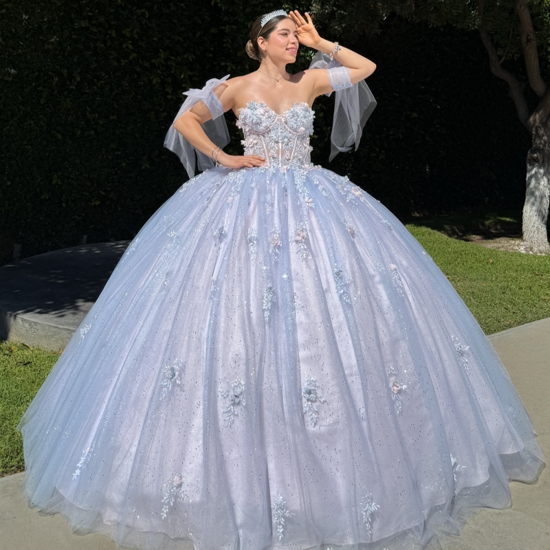 Bleu bleu brillant princesse douce 16 robe robe quinceanera robes appliques fleurs perles de fête de fête d'anniversaire vestidos 15 de anos
