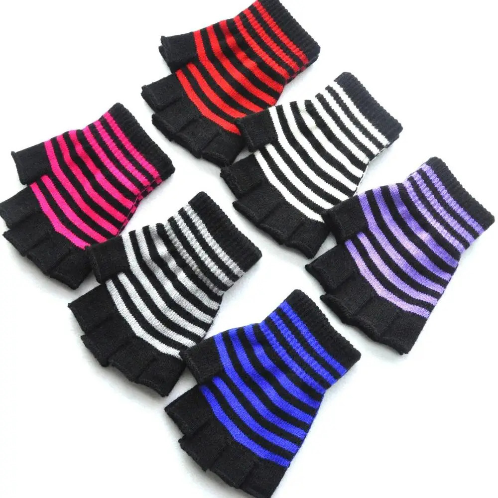 Striped Stripey Unisex One Size Fingerless Gloves Gothic Knitting Winter Warm Elastic Comfortable 250811