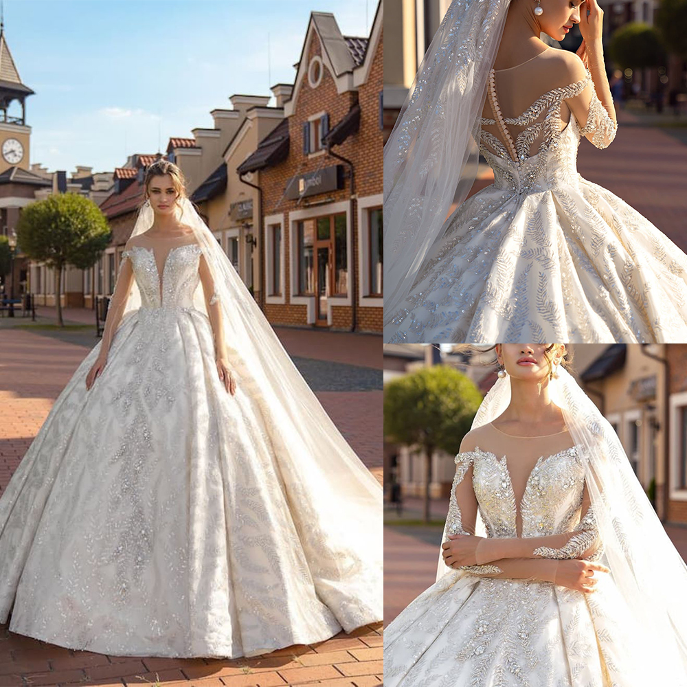 Graceful Ball Gown Wedding Dresses Sheer Neck Long Sleeves Bridal Gowns Sequins Crystal Sweep Train Princess Marriage Gowns Custom Made