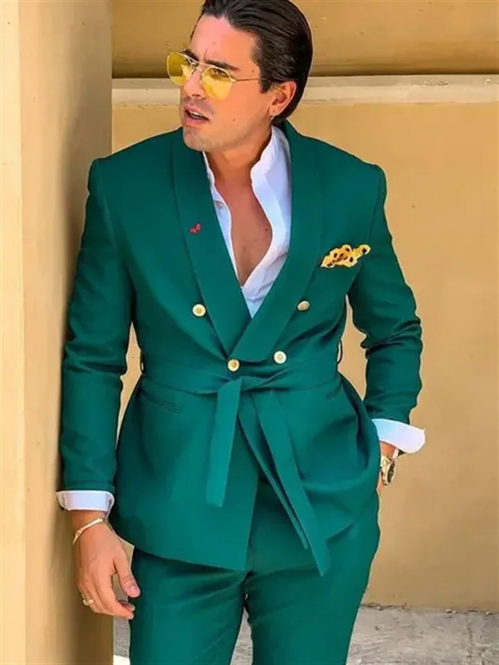 2 PCS Green Men Suits Slim Fit Double Breasted Shawl Lapel Formal Wedding Tuxedo Set Traje Americana Hombre 250811