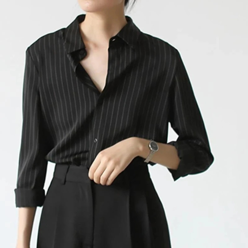Black Striped Shirts for Women Vintage Loose Casual Office Lady Long Sleeve Blouses Korean Fashion High Street Womens Shirt 250813