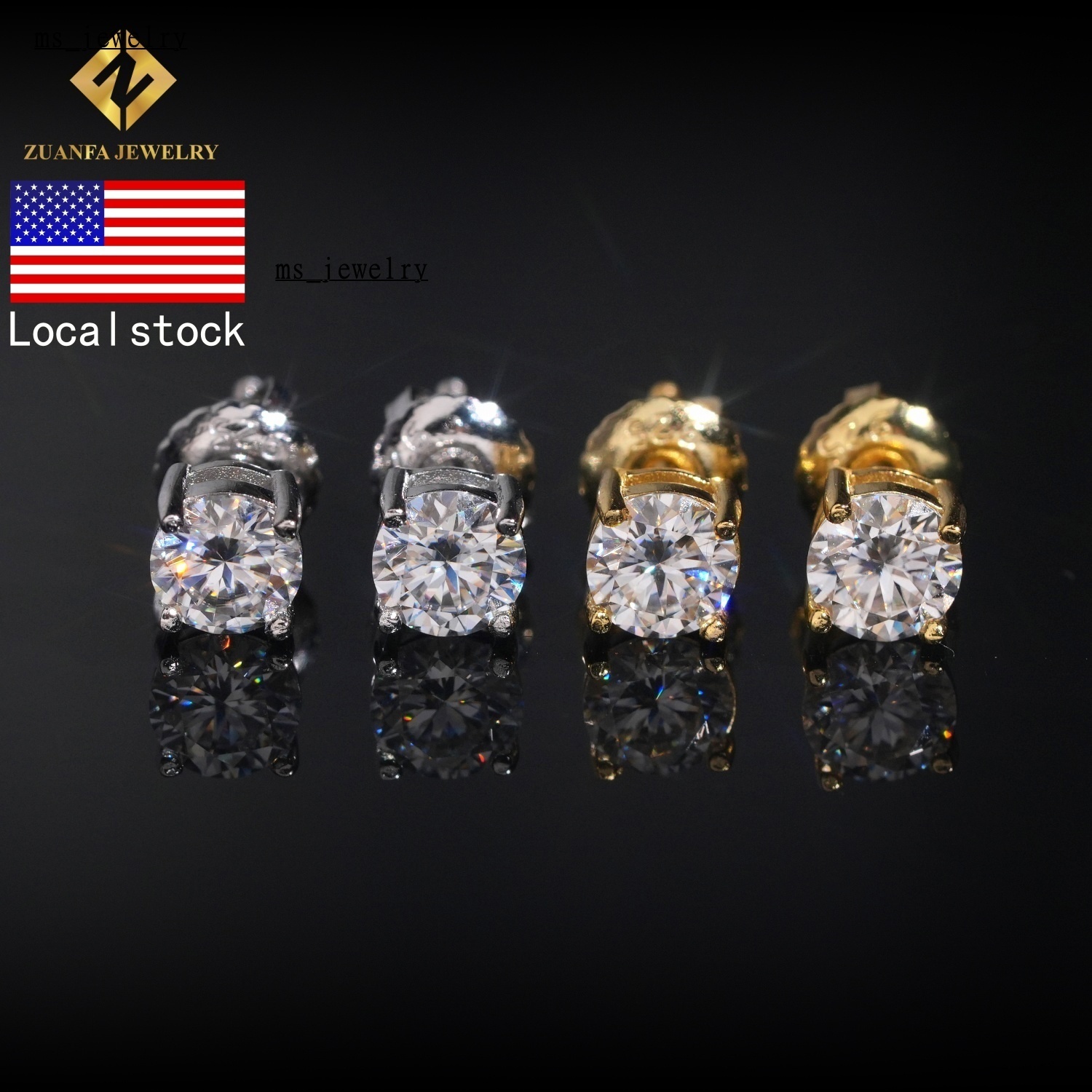 RTS Local Warehouse Hip Hop Jewelry Iced Out Screw Back Round Ear Studs VVS Moissanite Diamond 925 Sterling Silver Stud Earrings