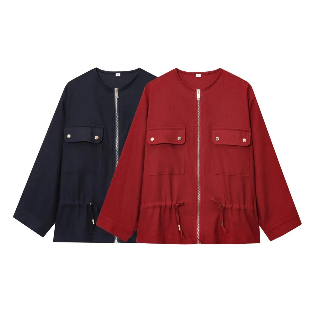 UNIZERA Womens Solid Color Linen Blended Zipper Drawstring Hunting Jacket Round Neck Long Sleeve Autumn Casual 250818