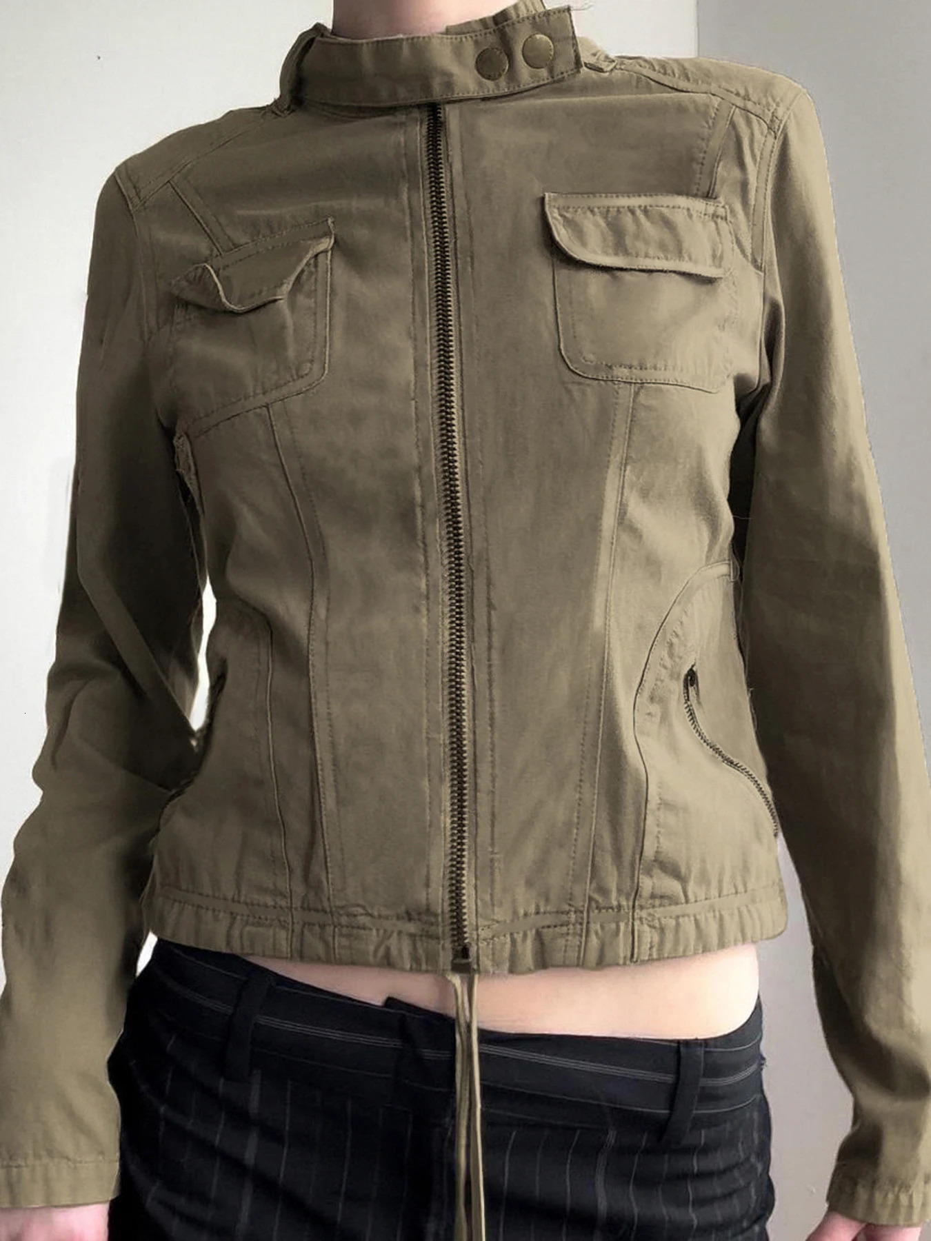 Rockmore Vintage Zip Up Stand Collar Cargo Jacket Women Autumn Harajuku Long Sleeve Streetwear Pockets Drawstring Hem Coats Y2K 250818