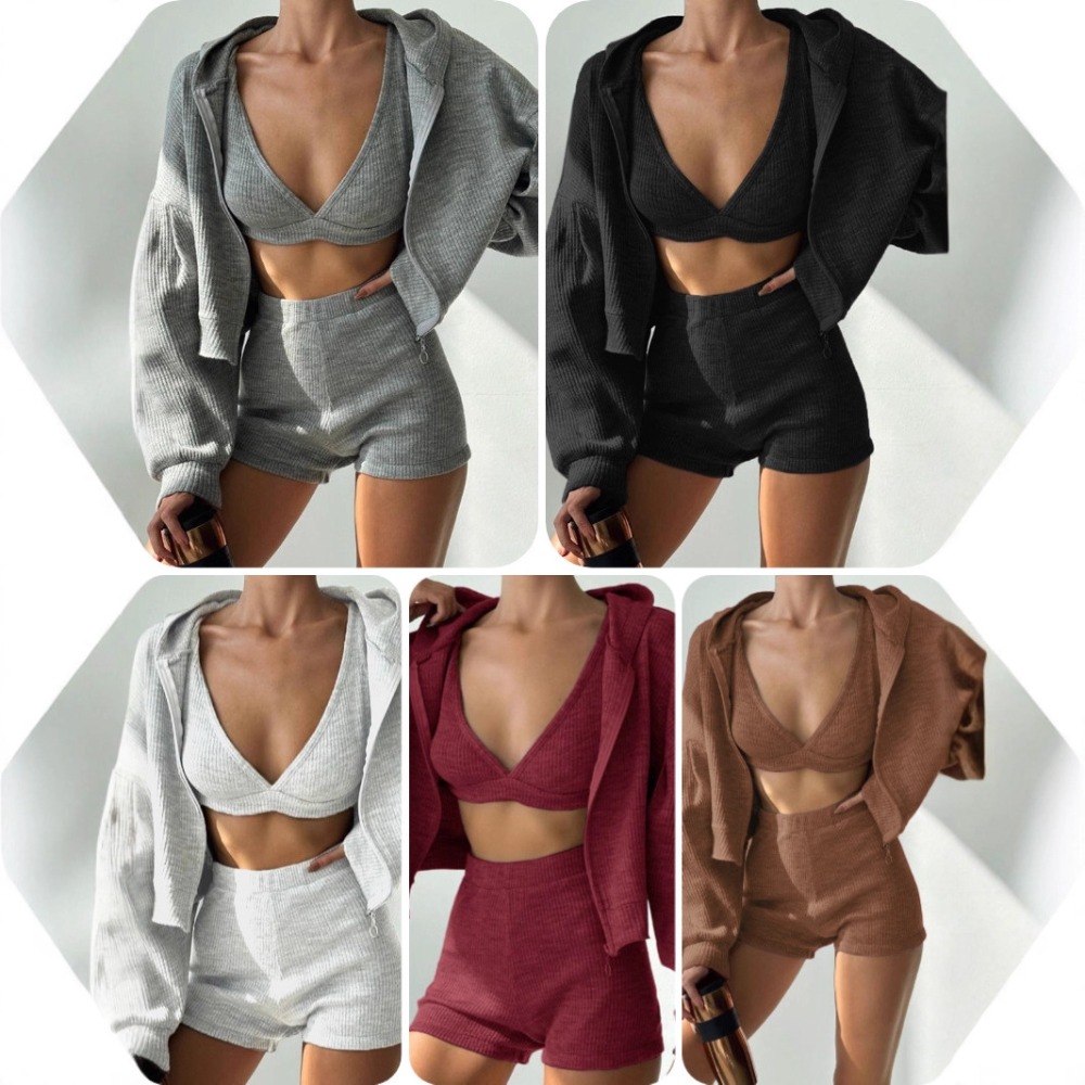 Women's Waffle Knit Sports Set Hooded Cropped Jacket Deep V Bra High Waisted Shorts For Casual Fitness Yoga Stylish Three Piece Outfit