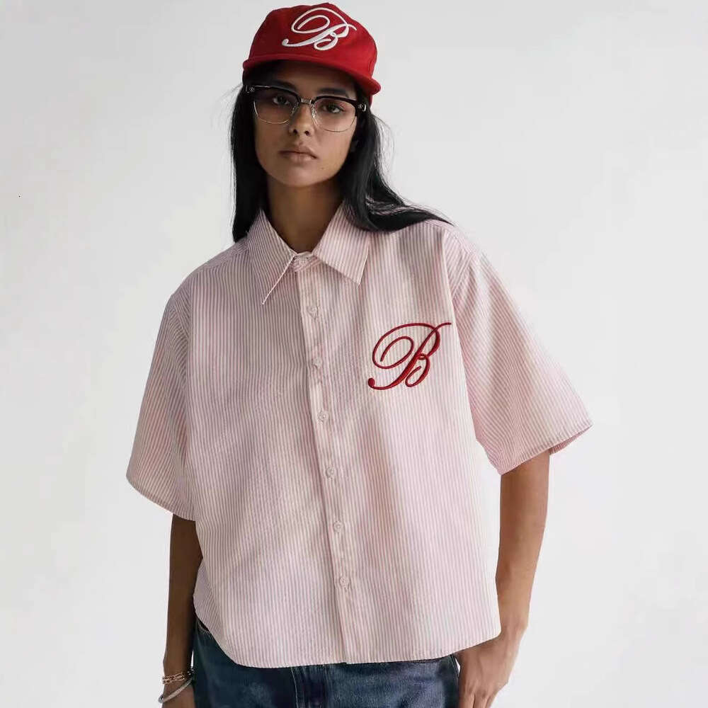 American Style Turn-Down Collar Striped Short Sleeve Shirt Loose Casual Embroidered Shorts Top Unisex Set B5