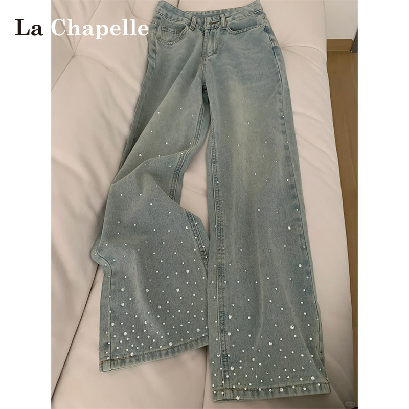 Free Shipping Designer Light Colored Rhinestone Wide Leg Jeans For Spring And Summer 2025 Fashion Multifunctional New Design High Waist Slim Straigh