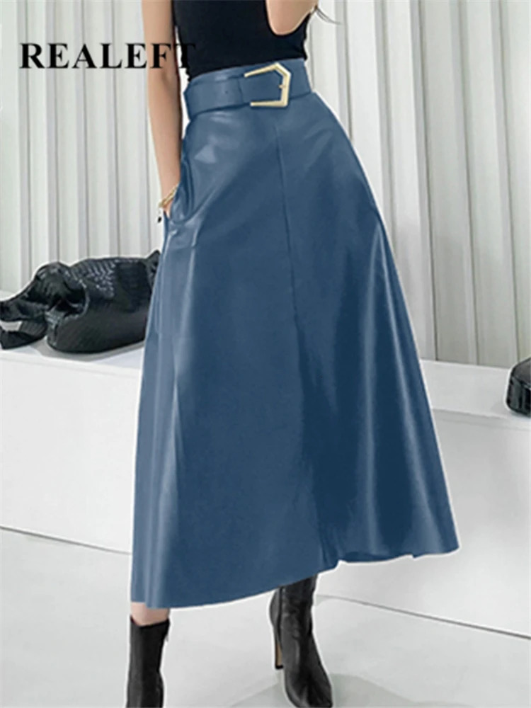 REALEFT Classic Faux PU Leather Long Skirts with Belted High Waist Fashion Umbrella Ladies Female Autumn Winter 250818