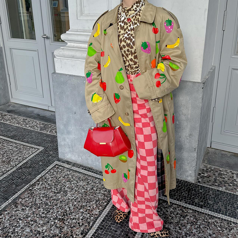 Spring and Autumn New Collar Single Row Multi Button Long Sleeve Coat Khaki Fruit Printed Coat