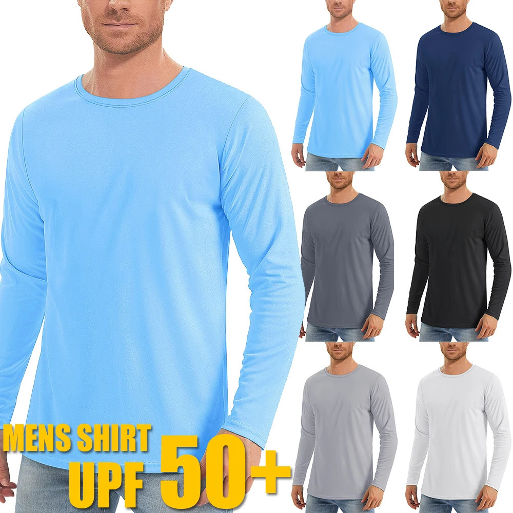 UPF50 Mens Sunscreen UV Protection T-shirt Solid Color Long-sleeved Round Neck Outdoor Hiking Fishing Quick-drying Tops250819
