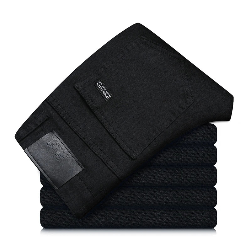 Mens pure black jeans Korean version trendy straight fit pants mens comfortable and elastic classic business jeans250819