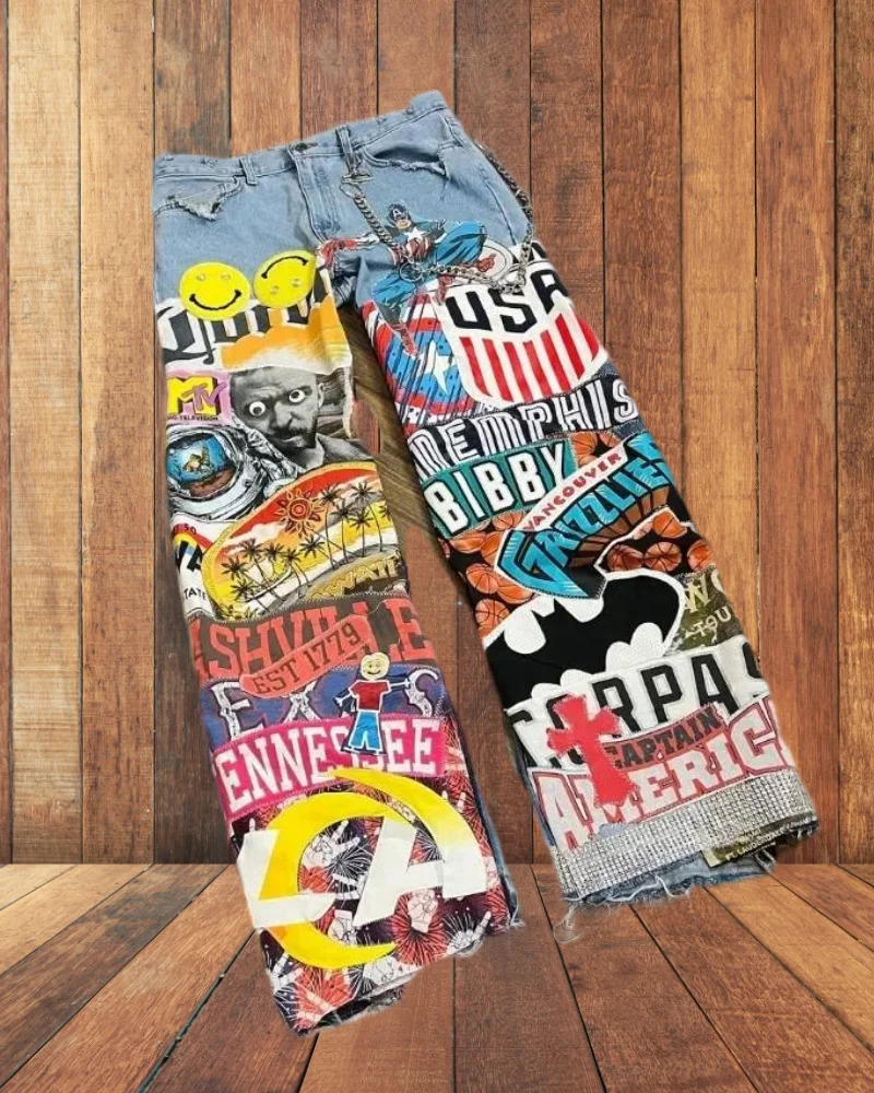 Hip-hop style high-waisted washed pants cartoon jeans Y2k cartoon print oversized wide-legged pants men rock streetwear women 250818
