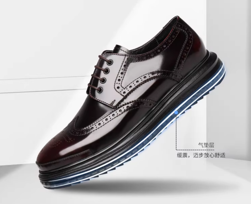 New air cushion men's lace-up carving, business formal leather shoes, thick-soled derby shoes, genuine leather brick