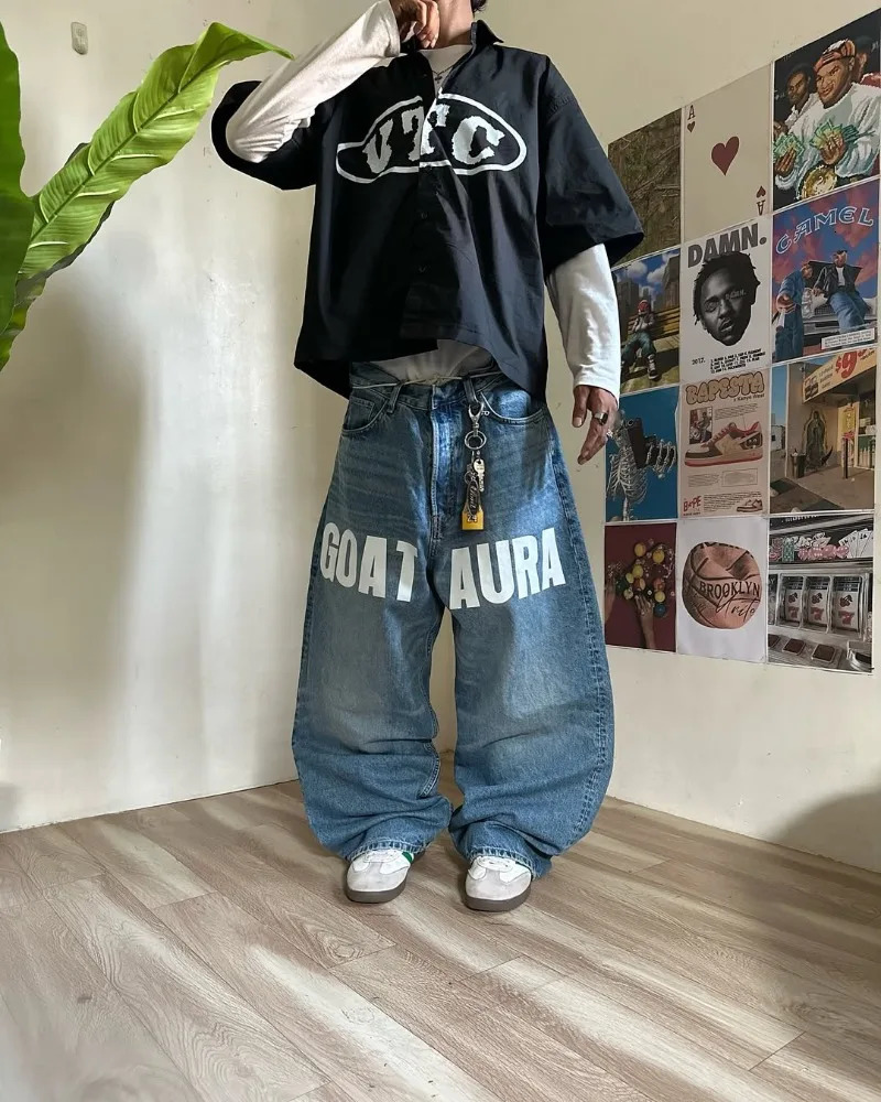 Lettre imprime la mode haute taille lavage jeans hommes y2k goth harajuku hip-hop américain pantalon de pantalon à jambes surdimensionnée femmes
