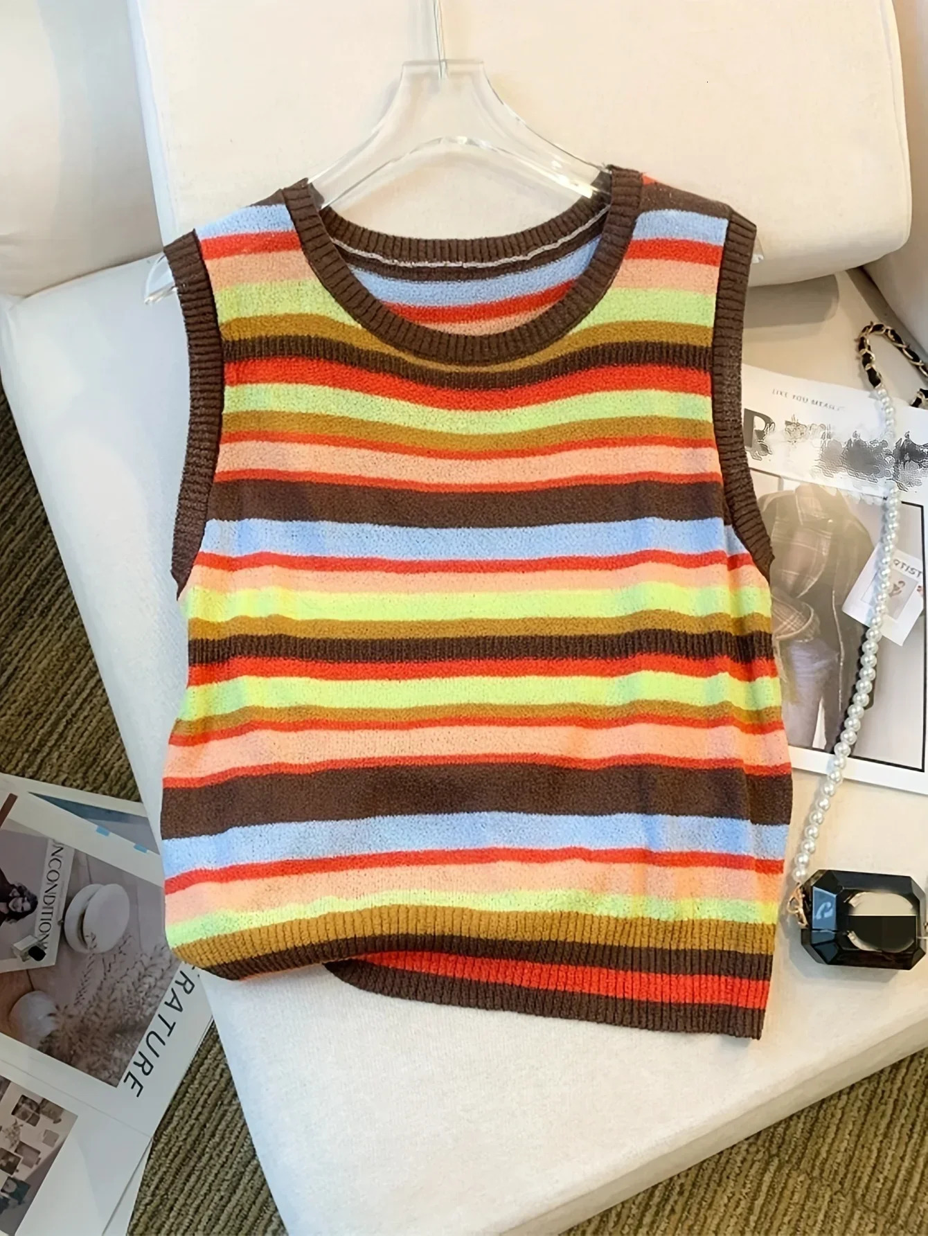 2026 Summer O Neck Thin Striped Colorblock Knitted Tank Top Casual Sleeveless Round Womens Clothing Crop 250818