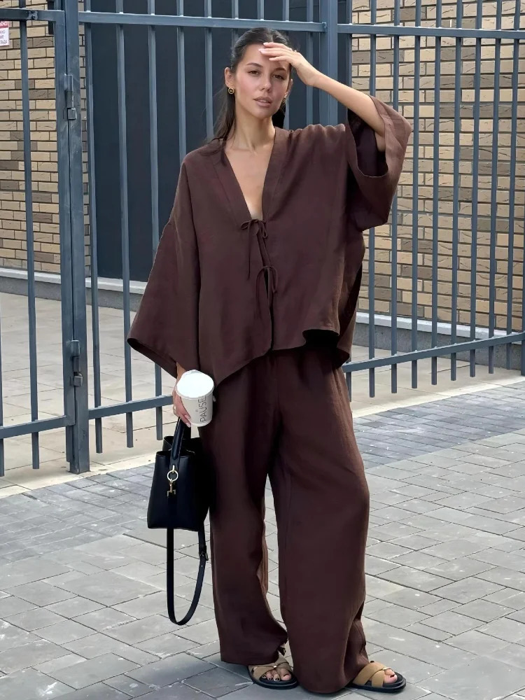 2025 Summer Womens Fashion Outfits Chic Brown Cotton Linen Lace Up Shirt Suits Casual V Neck Long Sleeves Loose Pants Set Lady 250818